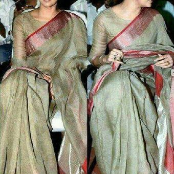 Olive Green Linen Digital Printed Saree With Blouse Piece For Women