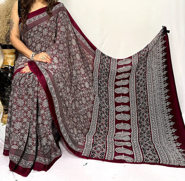 Dark Maroon Ajrakh Digital Print Muslin cotton fabric Saree  – Traditional Ethnic Wear for Women