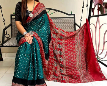 Green Red Ajrakh Digital Print Muslin fabric Saree  – Traditional Ethnic Wear for Women