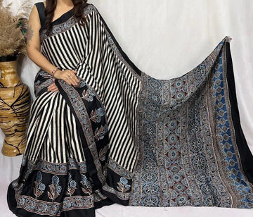 Black Ajrakh Digital Print Muslin fabric Saree  – Traditional Ethnic Wear for Wome