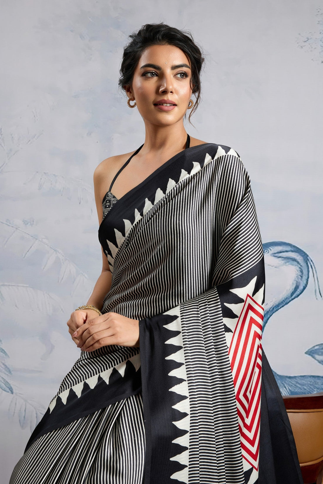 Melanie Black Stripe Ajrakh Printed Satin Crepe Silk Saree