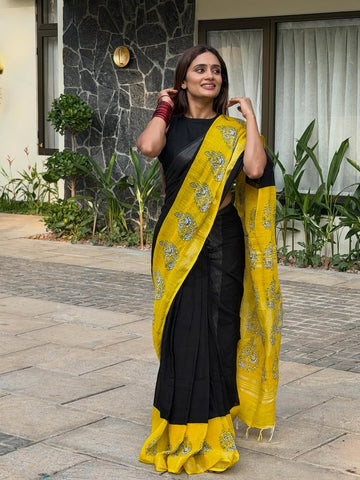 Premium Black Linen Saree with Vibrant Yellow Accents – Lightweight, Breathable & Effortlessly Stylish