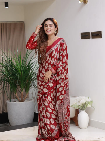 Red Gaji Silk Saree with Ajrakh Pallu and Printed Border