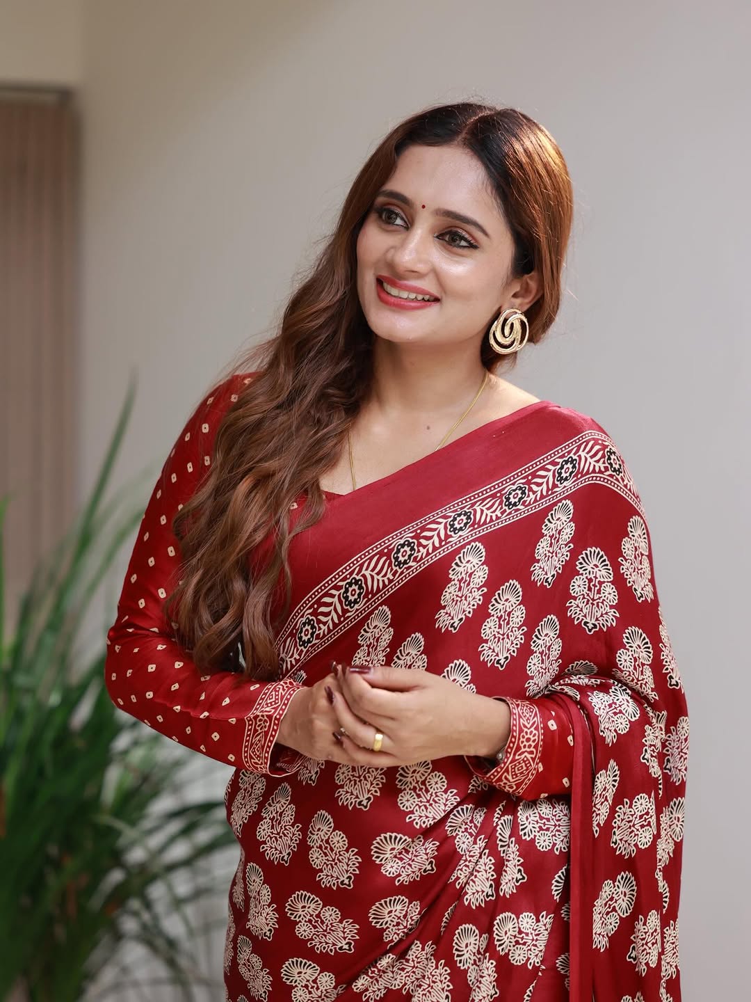 Red Gaji Silk Saree with Ajrakh Pallu and Printed Border