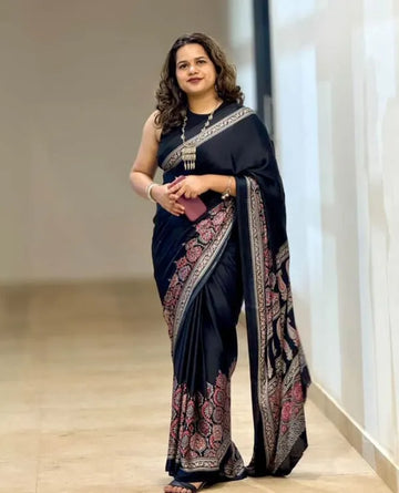 Black modal silk Ajrakh Print Saree