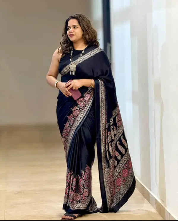 Black modal silk Ajrakh Print Saree