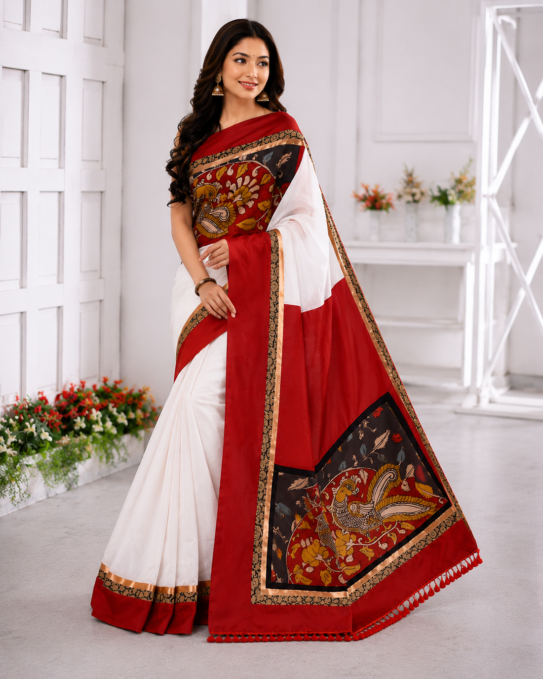 Maroon color Kalmkari Pallu Digital Printed Saree