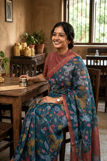 Kalamkari Linen Saree with Blouse – Perfect for Festive & Casual Wear