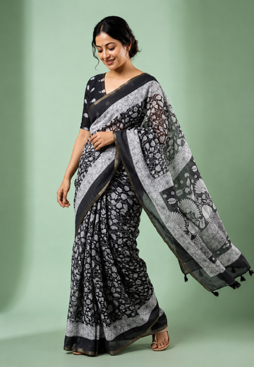 Ebony Black  Linen Cotton Saree Lotus Kalamkari Prints with Tiny Border - Perfect for Office Wear | Summer wear | Casual Wear