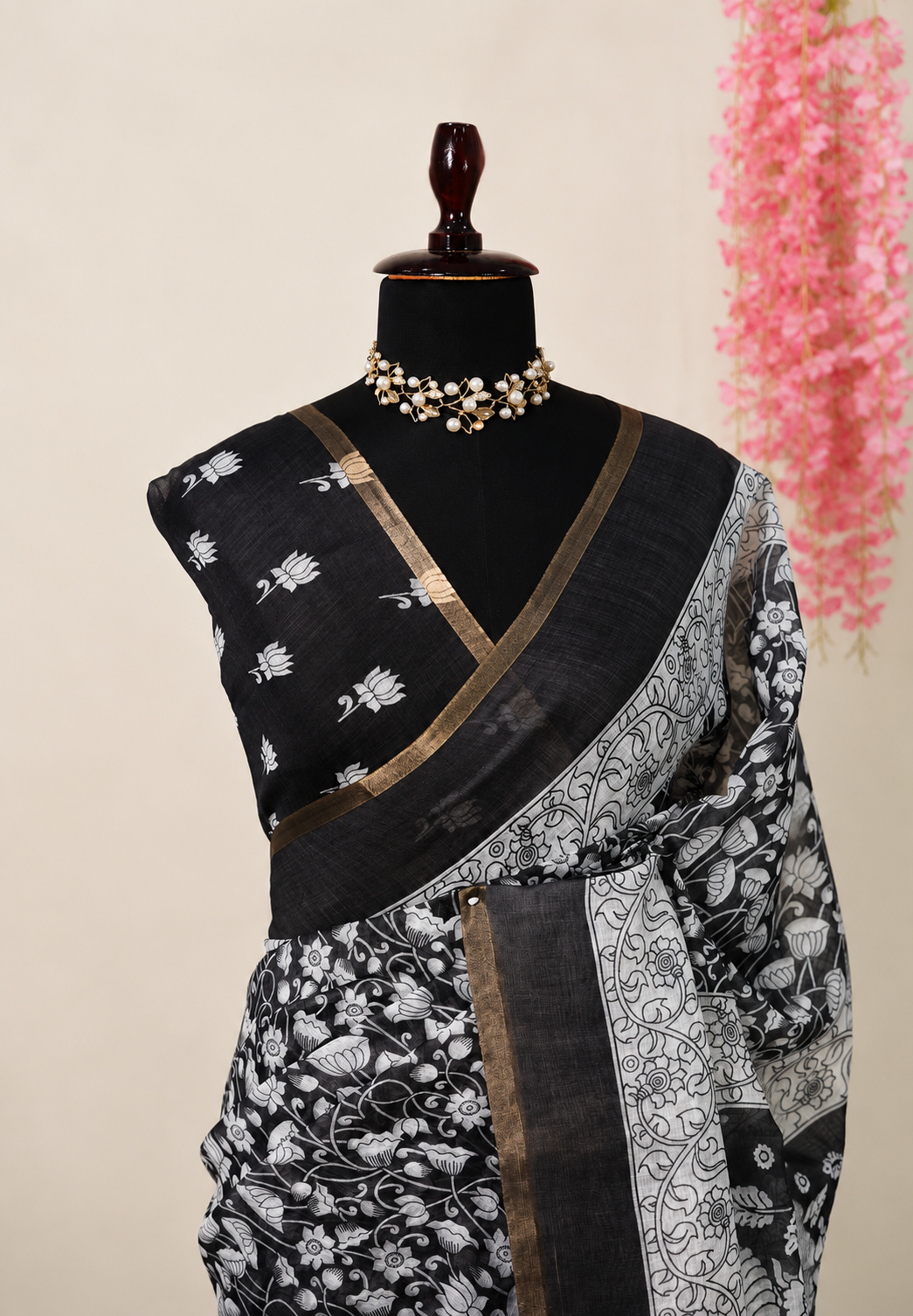 Ebony Black  Linen Cotton Saree Lotus Kalamkari Prints with Tiny Border - Perfect for Office Wear | Summer wear | Casual Wear