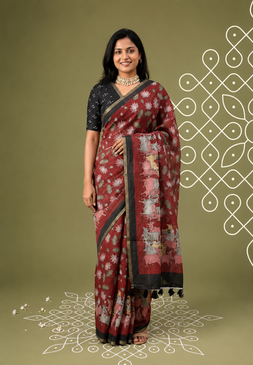 Reddish Maroon  Linen Cotton Saree with Pichwai Lotus and Cow Prints - Perfect for Office Wear | Summer wear | Casual Wear