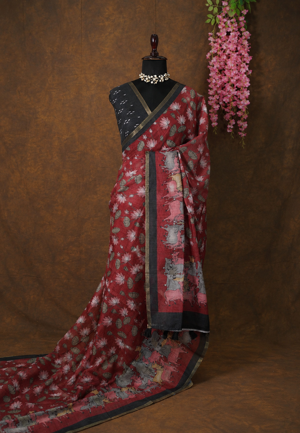 Reddish Maroon  Linen Cotton Saree with Pichwai Lotus and Cow Prints - Perfect for Office Wear | Summer wear | Casual Wear