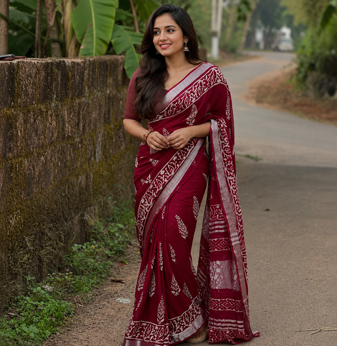 Traditional Linen Cotton Hand Block Saree – Soft Fabric with Timeless Prints