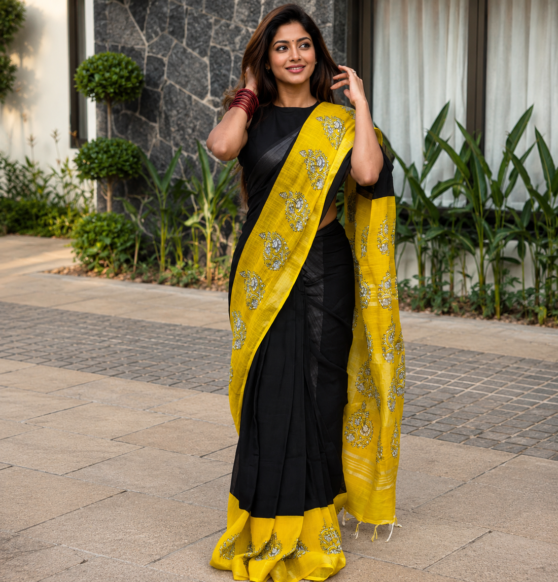 Premium Black Linen Saree with Vibrant Yellow Accents – Lightweight, Breathable & Effortlessly Stylish