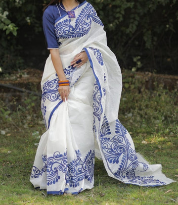 White & Blue Soft Linen Digital Printed Trendy Saree | Party Wear & Casual