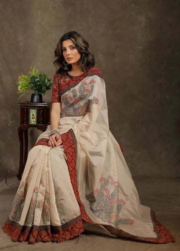 Cream Color Digital Printed Linen Saree
