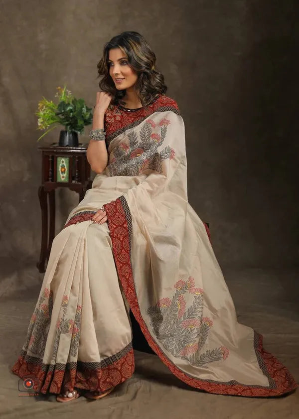Cream Color Digital Printed Linen Saree