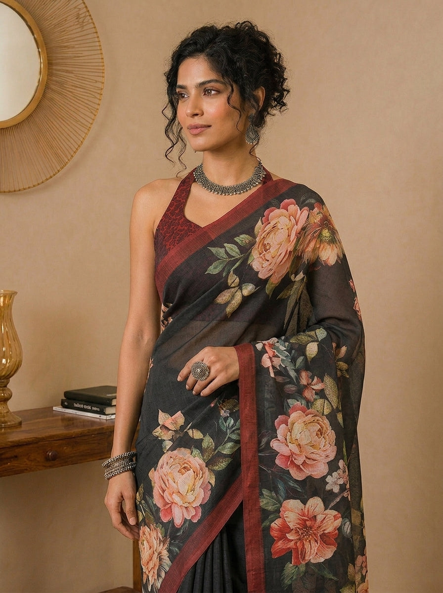 Multy Black Color Digital Printed Saree