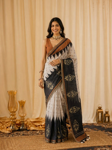 Geometric zig-zag Striking Black Border Beutifull Saree