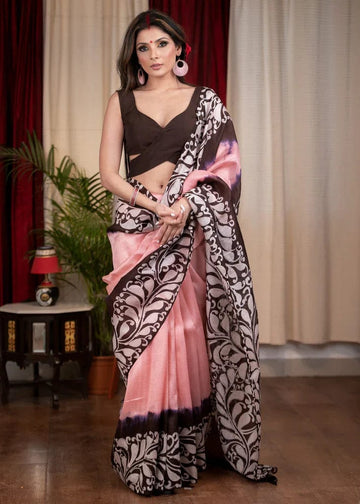 Pink & Black Soft Linen Digital Printed Trendy Saree With Blouse Piece For Women | Party Wear & Casual