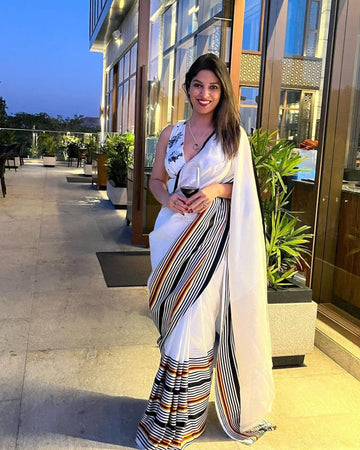 Rainbow Border Crape Silk Saree With Unstitched Blouse For Women