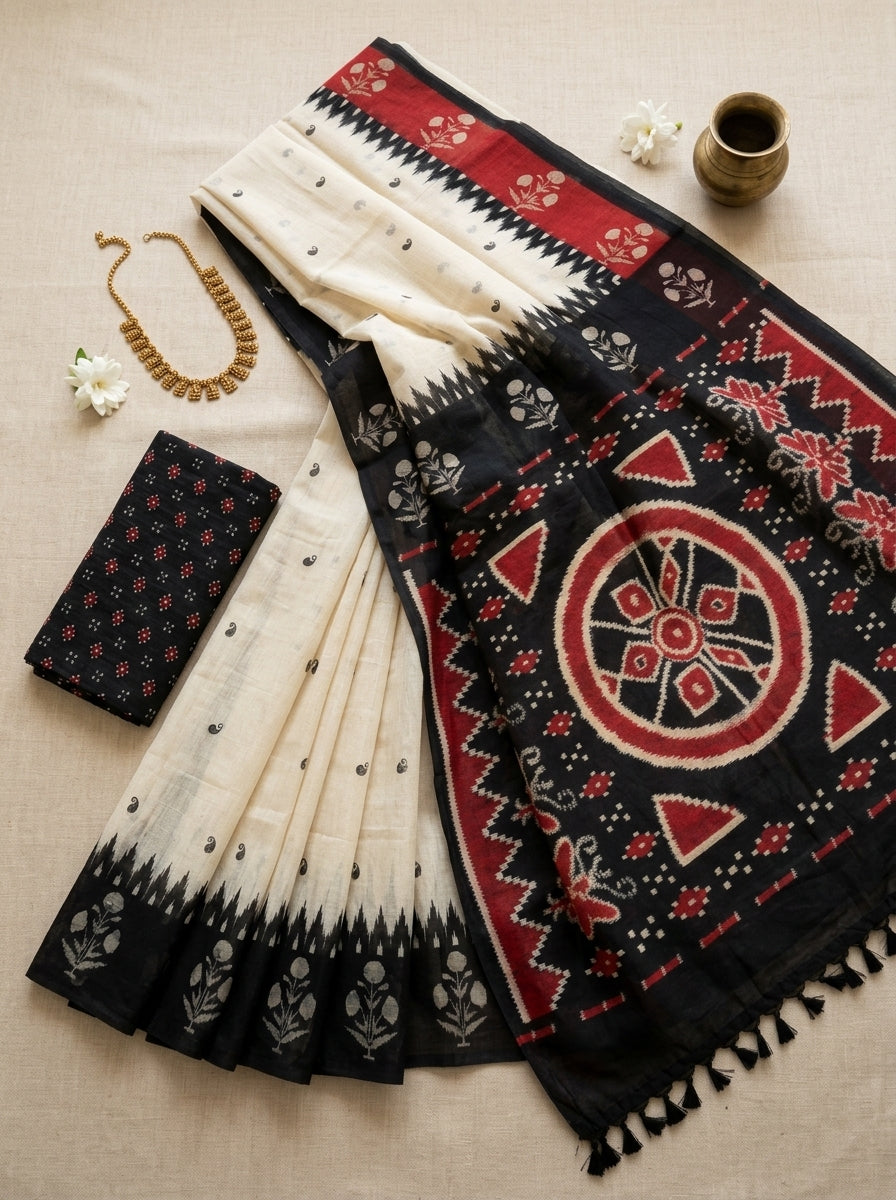 White Black Pallu Deigner Saree