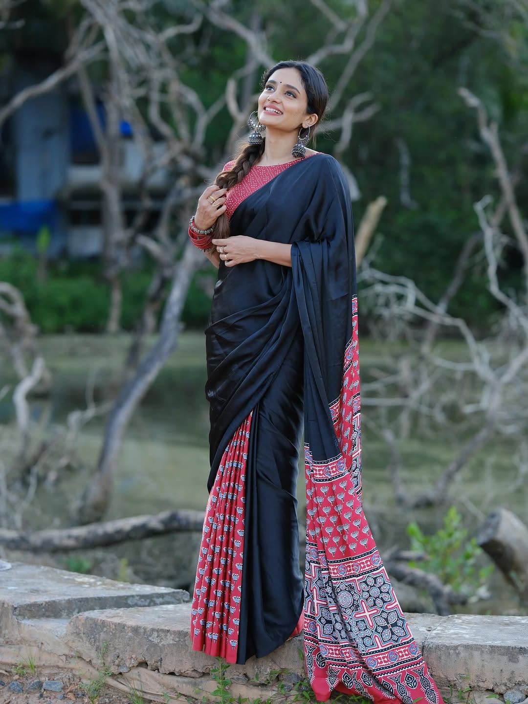 Premium Black Ajrakh Printed MODAL SILK SAREE