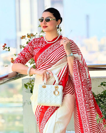 WHITE RED SILK DIGITAL PRINTED SAREE