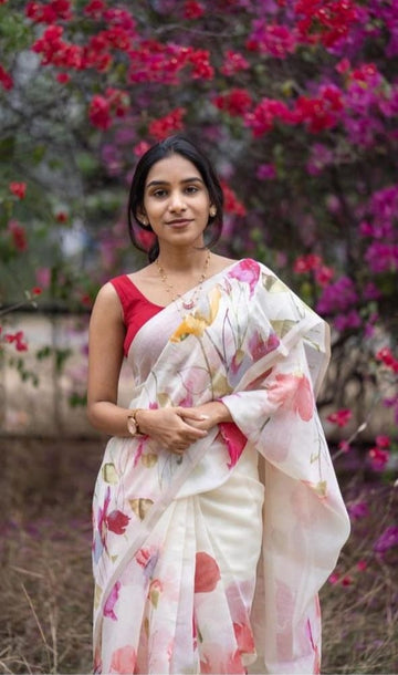 Attractive White Flower Print Linen Saree With Blouse Piece For Women | Party Wear & Casual