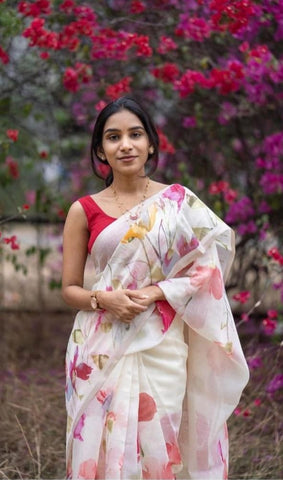 Attractive White Flower Print Linen Saree With Blouse Piece For Women | Party Wear & Casual