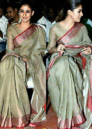Olive Green Linen Digital Printed Saree With Blouse Piece For Women