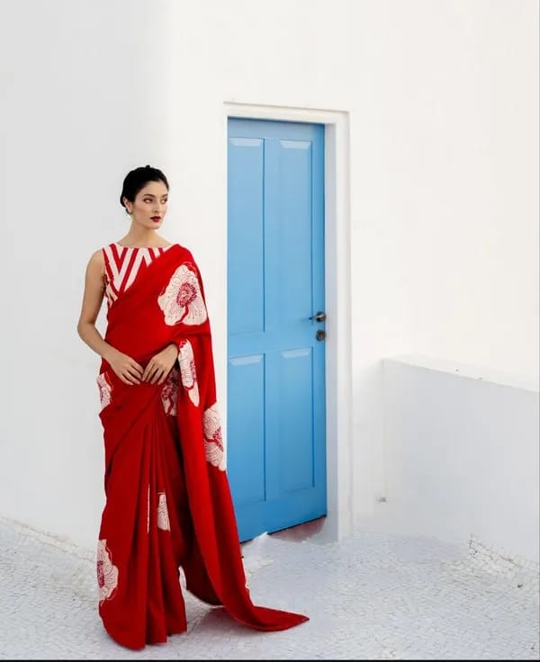 RED CRAPE SILK DIGITAL PRINTED SAREE