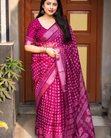 Attractive Wine Linen Digital Print Saree With Blouse Piece For Women