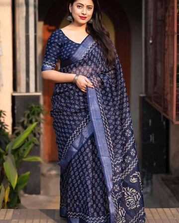 Attractive Navy Blue Linen Digital Print Saree With Blouse Piece For Women