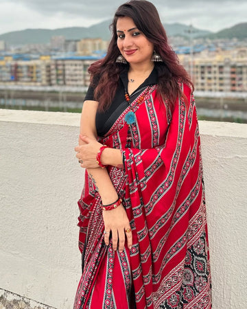 Black and Red Ajrakh Digital Print  Saree  – Traditional Ethnic Wear for Women