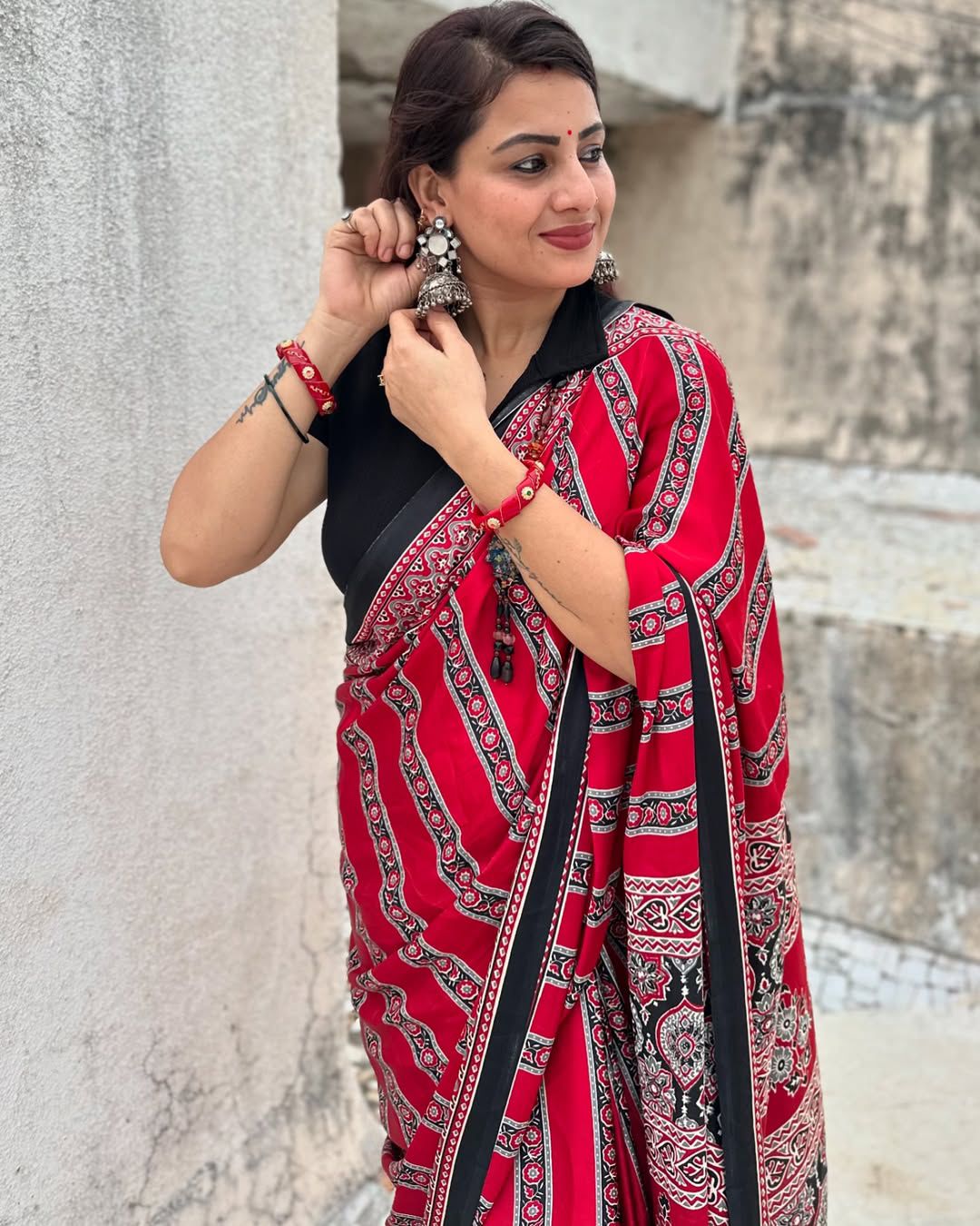 Black and Red Ajrakh Digital Print  Saree  – Traditional Ethnic Wear for Women