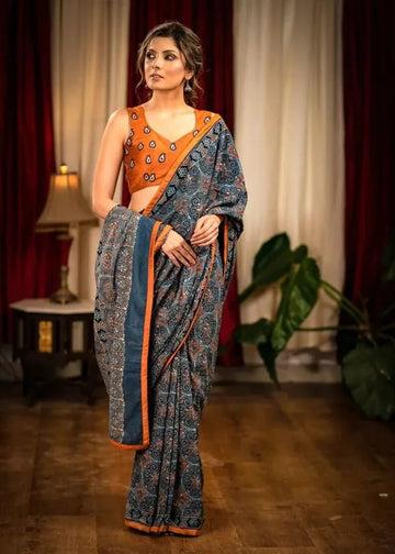 ELEGENT INDIGO  AJRAKH SAREE