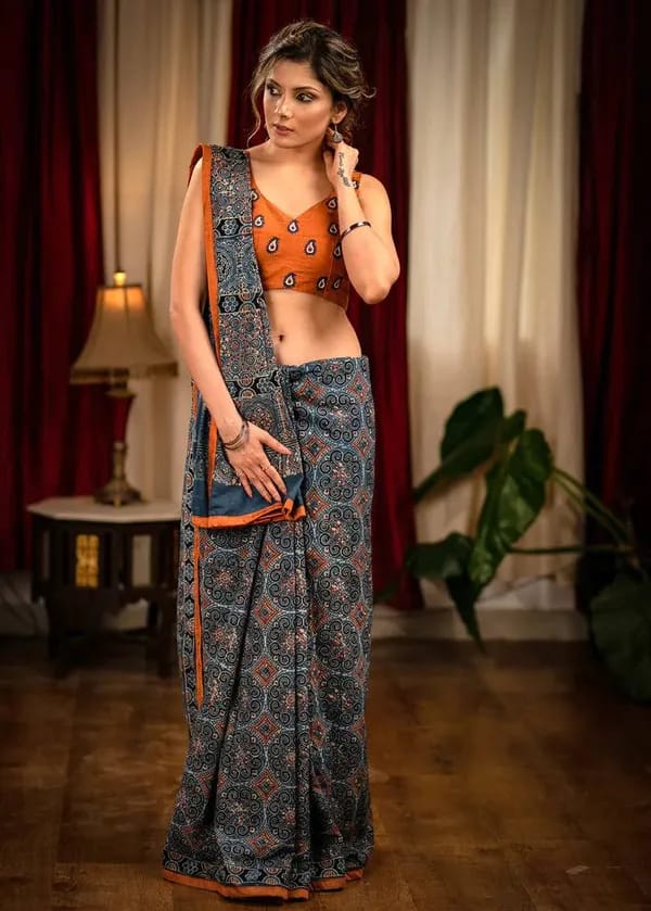 ELEGENT INDIGO  AJRAKH SAREE