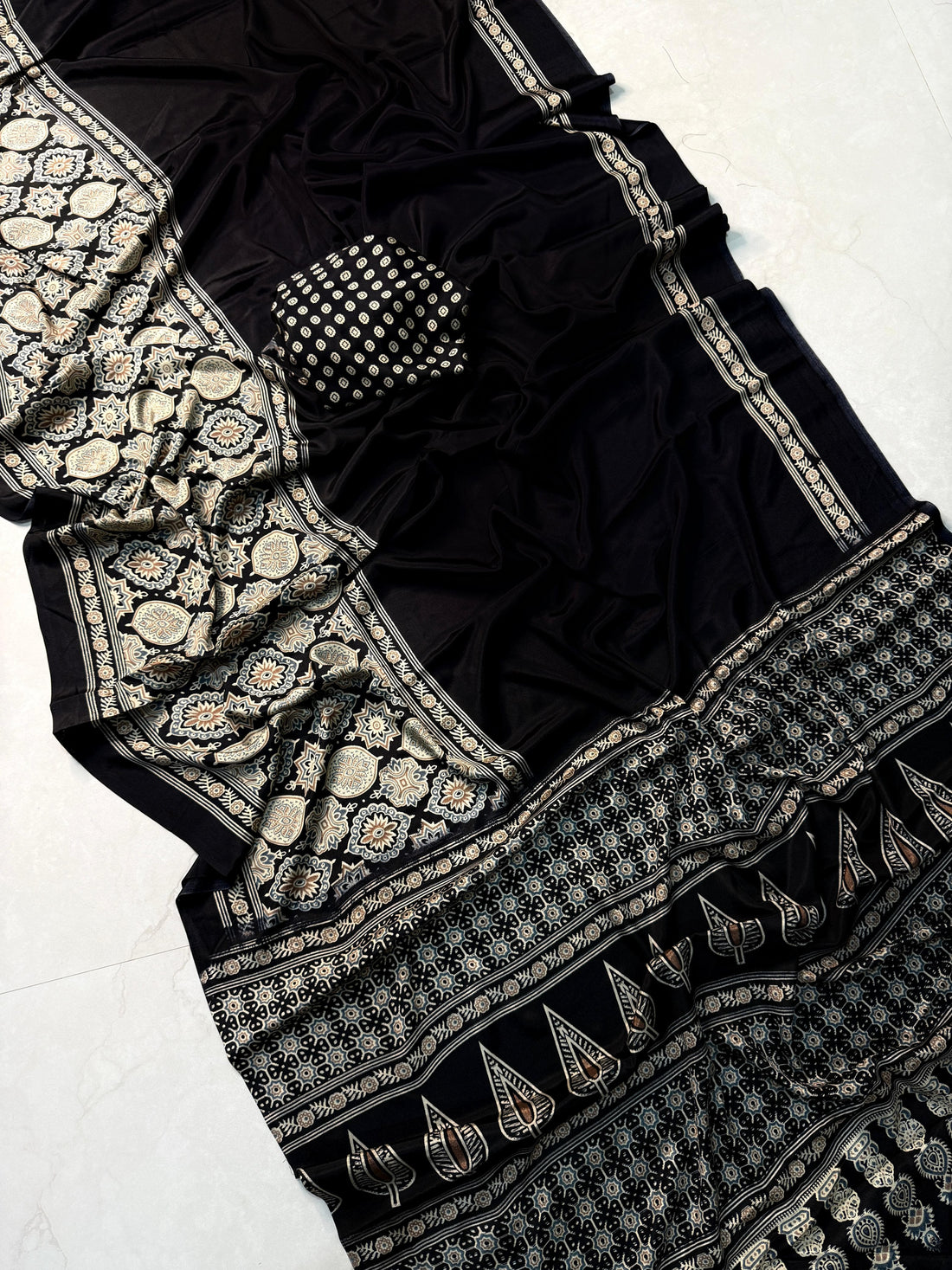 New Ajrakh Satin Silk Saree | Timeless Elegance in Every Drape