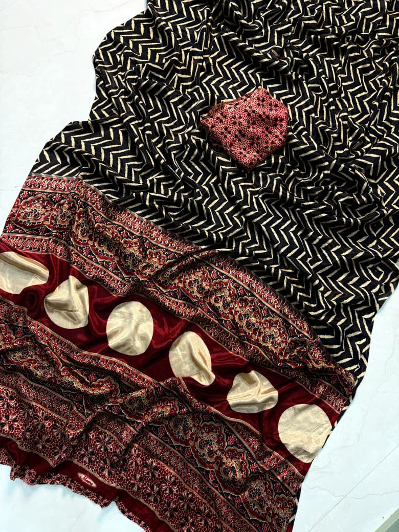 Authentic Ajrakh Satin Crepe Saree |A Perfect Blend of Tradition & Grace