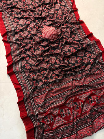 Ajrakh Printed Saree in Pure Satin Crepe – Luxurious & Traditional