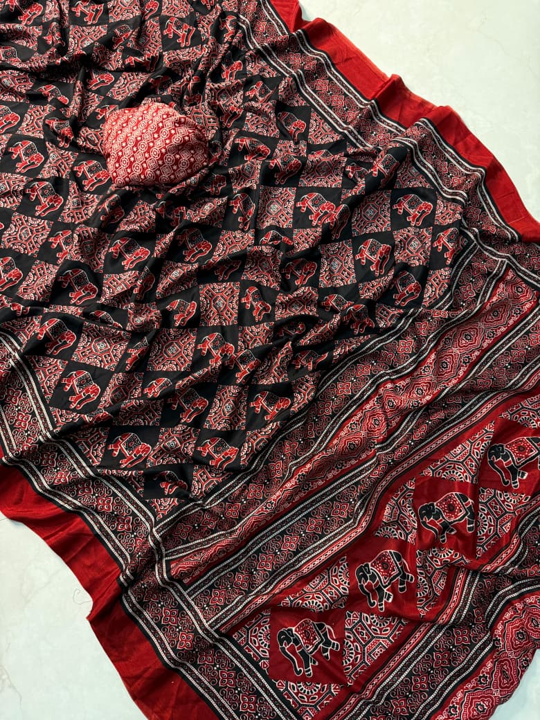 Ajrakh Printed Saree in Pure Satin Crepe – Luxurious & Traditional