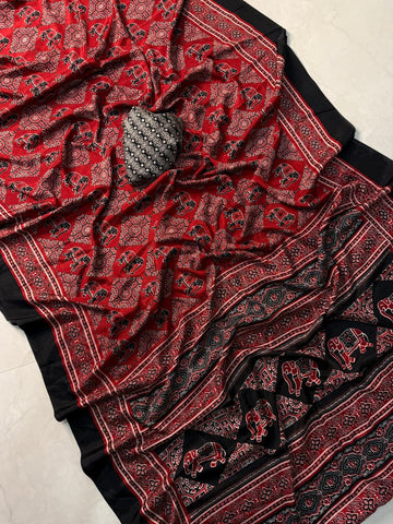 Premium Ajrakh Print Satin Crepe Saree – Heritage Style & Modern Elegance