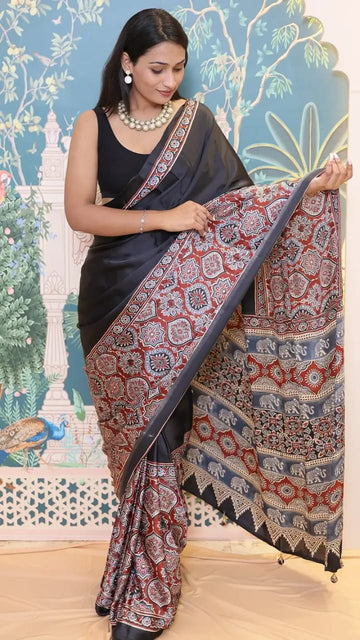 Black Ajrakh Elephant printed soft modal silk saree