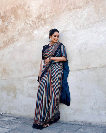 Traditional Semi Gaji Silk Saree with Ajrakh Pallu and Printed Border