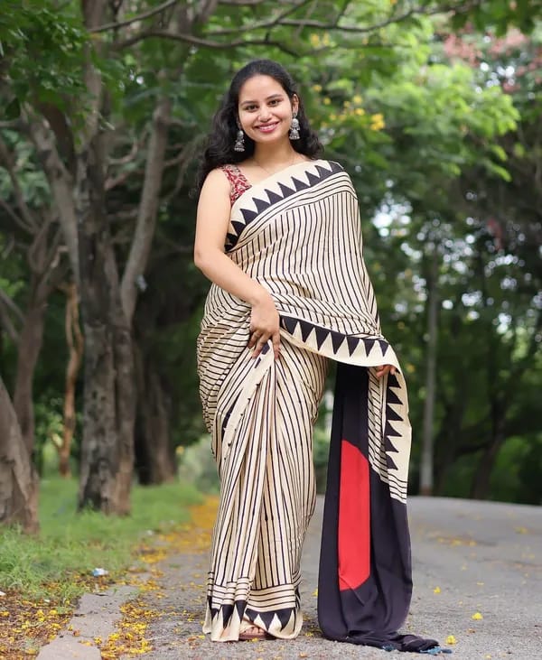Red Bindi Ajrakh Modal silk saree
