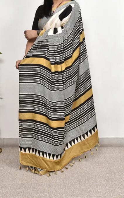 wheat Ajrakh Modal silk saree