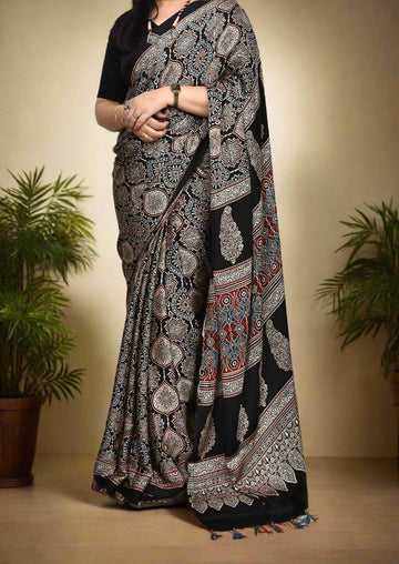 Black Ajrakh Modal silk saree