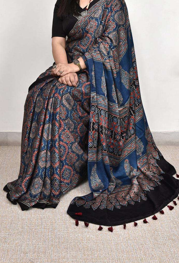 Blue Ajrakh Modal silk saree