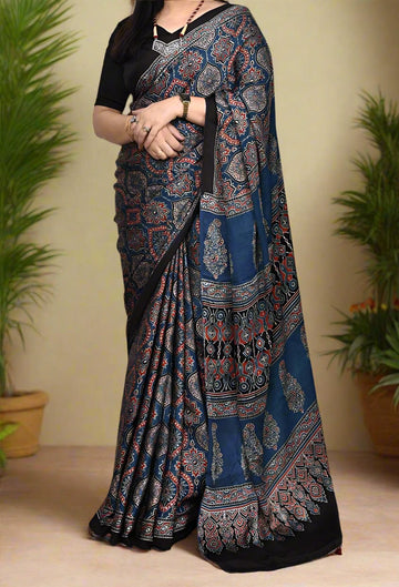 Blue Ajrakh Modal silk saree